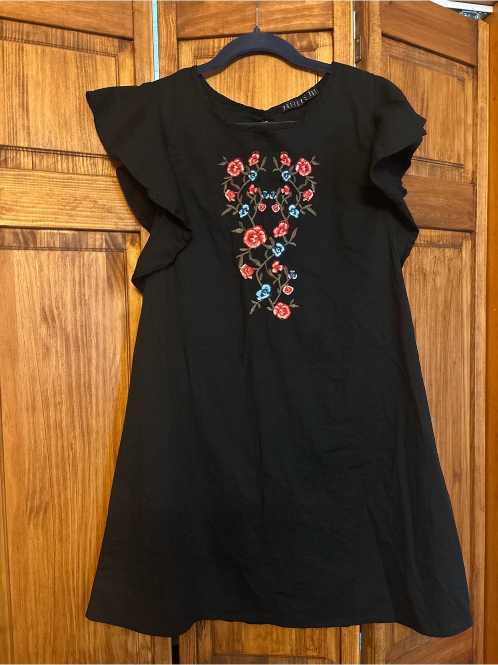 Potter's Pot Black Dress with Red & Blue Floral Embroidery